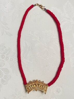 Handcrafted Indian Red Seed Bead Statement Necklace with Gold Tone Crown Pendant